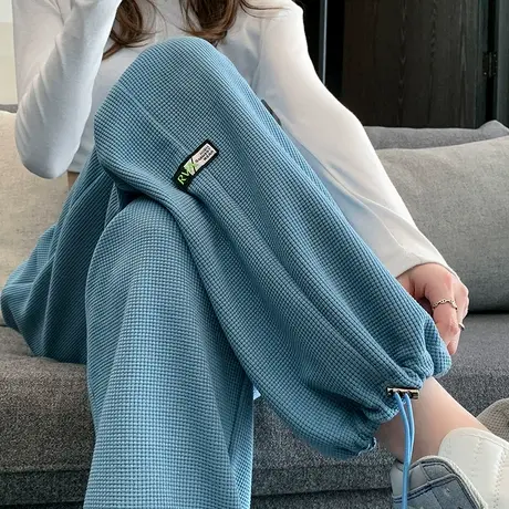 华夫格运动裤女秋冬季宽松束脚小个子女生阔腿直筒休闲两穿卫裤潮商品大图