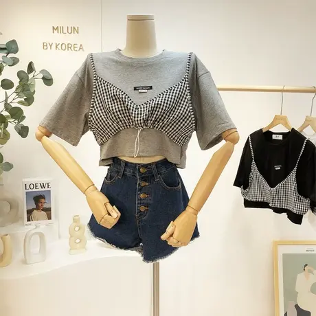 短款高腰上衣设计感夏季新款韩国东大门格子吊带假两件T恤欧货潮商品大图