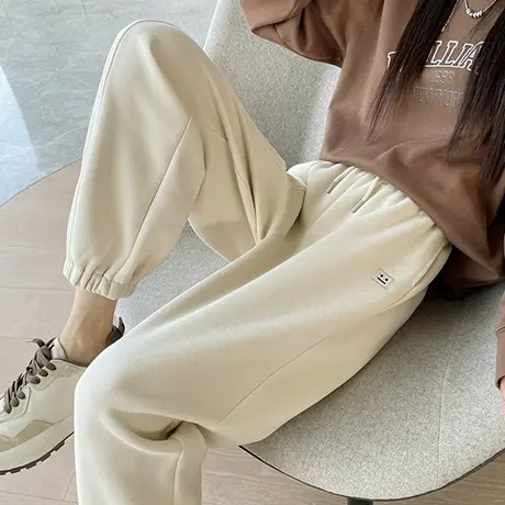 白色束脚运动裤女秋季新款高腰显瘦萝卜裤松紧腰九分休闲哈伦卫裤图片