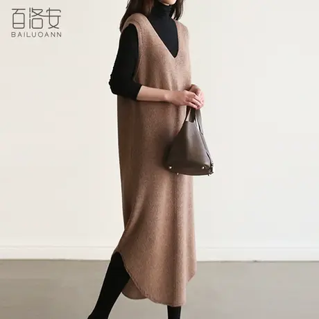 百洛安长款针织马甲女秋季新款V领套头无袖毛衣百搭宽松背心裙子图片