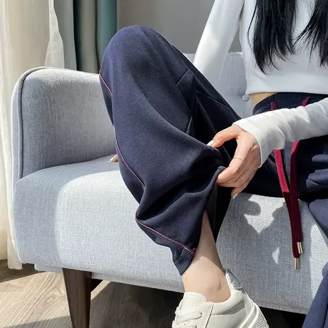 蓝色阔腿裤女春秋2023新款休闲裤高腰垂感高级感窄版运动剪刀裤子商品大图