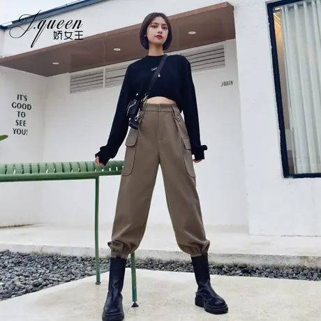 工装毛呢裤子女加厚秋冬季高腰加厚保暖宽松休闲显瘦束脚萝卜裤商品大图