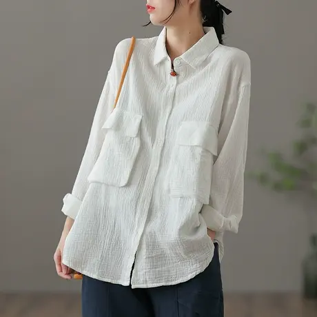 dza 复古纯棉白色衬衣女士秋季新款显瘦口袋上衣宽松短款长袖衬衫图片