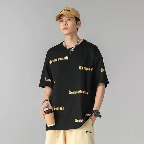 日系港风情侣装t恤男士圆领短袖男款夏日上衣夏季半袖无领t恤男装商品大图