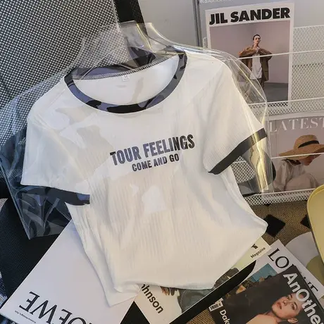 正肩短袖t恤女ins潮夏季闺蜜装显瘦高腰短款半袖小衫chic港味上衣商品大图