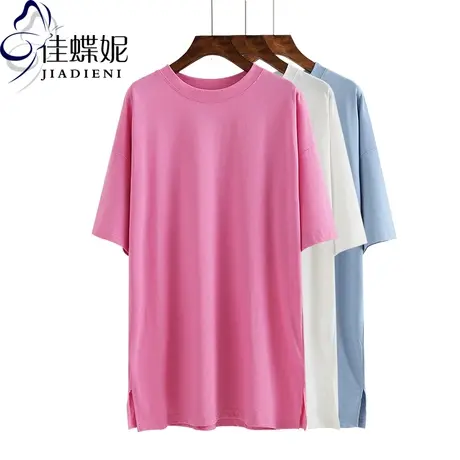 中长款开叉短袖T恤女夏韩版宽松圆领白色纯白体恤打底衫纯色休闲商品大图