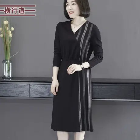 2024春季新款简约休闲V领拼接条纹中长款长袖连衣裙女外穿大码图片