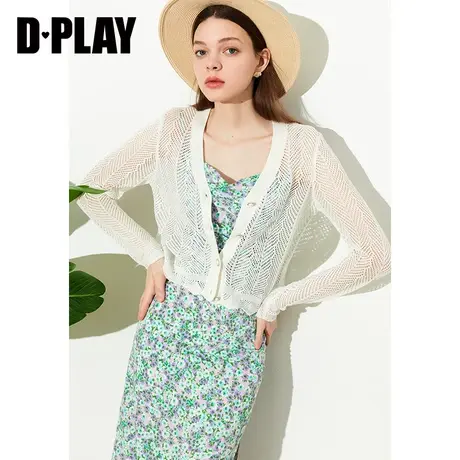 DPLAY2023新法式优雅奶油白短款珍珠钻扣挑洞针织开衫外套空调衫商品大图