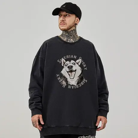 美式复古嘻哈大码卫衣男装狗头纯棉重磅做旧高街狗头圆领加绒春秋商品大图