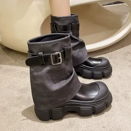 永希长筒靴女2023春秋季新款英伦风百搭复古堆堆靴粗跟厚底骑士靴图片