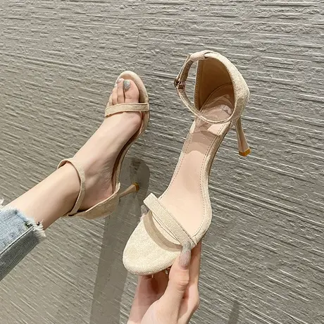 一字带职业露趾凉鞋女细跟2024年夏季新款法式少女气质性感高跟鞋商品大图