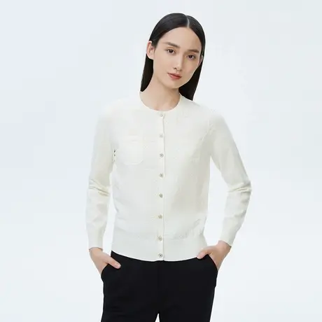LANCY/朗姿2023春季新款圆领白色针织开衫女设计感薄外套外穿奥莱图片