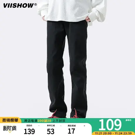 VIISHOW男士牛仔裤秋冬美式高街宽松直筒修身黑色休闲长裤子微喇商品大图