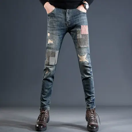 香港高端复古破洞补丁牛仔裤男秋冬款修身小脚潮流潮牌痞帅男裤子商品大图