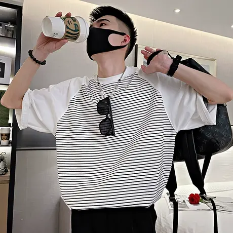 夏季拼接条纹T恤男ins潮牌宽松半袖2023新款夏装时尚潮流短袖商品大图