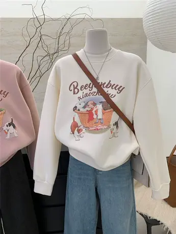 加绒圆领卫衣女2023爆款秋冬韩系卡通图案宽松加厚保暖休闲上衣商品大图