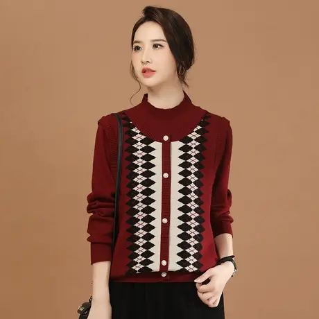 新品85折】复古设计感假两件半高领长袖毛衣女商品大图