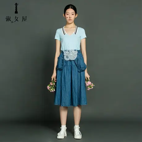 淑女屋新款V型黑白条纹领修身柔软微弹短袖粉蓝针织衫商品大图