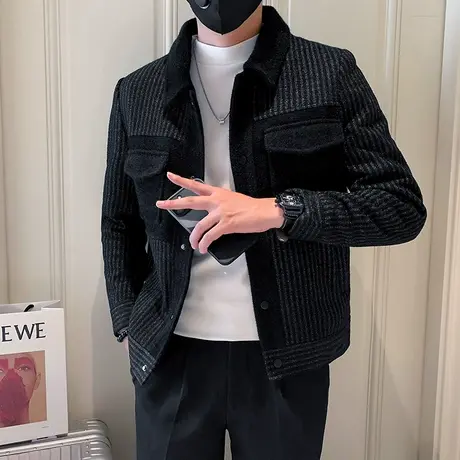 条纹拼接黑色翻领男士夹克2023春秋季新款小众休闲百搭毛呢外套潮图片