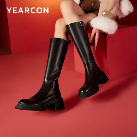 意尔康女鞋2024春季长筒不过膝高筒骑士靴纯皮显瘦粗跟复古长靴商品大图