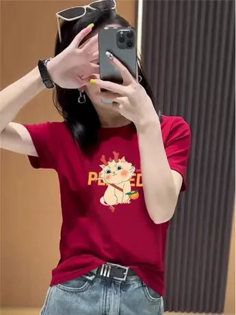 2024本命年新款龙年枣红色圆领T恤女纯棉韩版宽松百搭洋气上衣潮商品大图