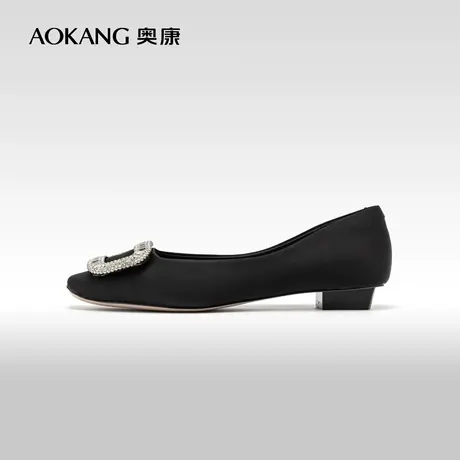 奥康女鞋 2024春季新款浅口单鞋黑色船鞋方扣水钻粗跟通勤瓢鞋商品大图