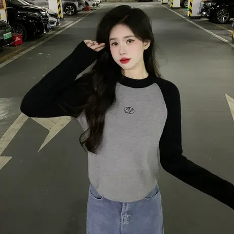 唐狮插肩袖打底衫女秋冬2024新款灰色辣妹上衣女别致独特体恤1.4图片
