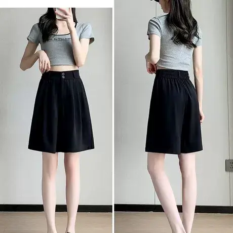 黑色西装短裤女夏季薄款宽松休闲阔腿高腰直筒a字显瘦5五分裤中裤图片