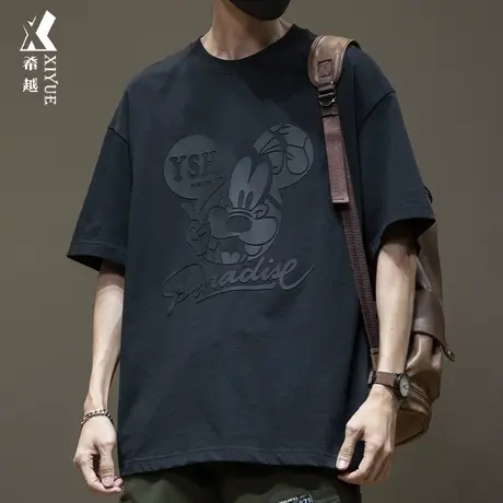 希越2024夏季短袖T恤男士宽松大码潮牌圆领冰丝棉米老鼠打底衫男商品大图