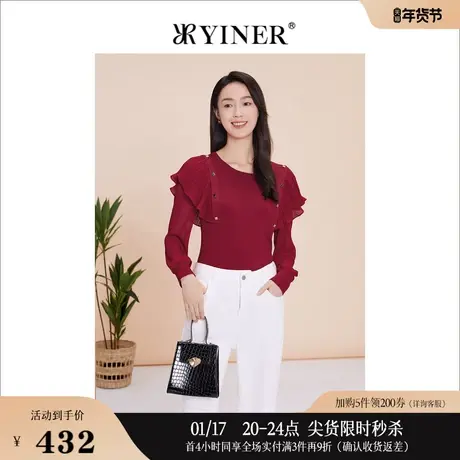 【中国红】YINER音儿专选女装春季通勤木耳边针织衫套头毛衣商品大图