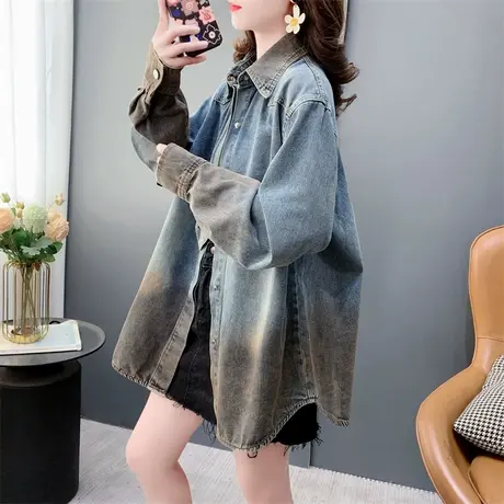 设计感网红渐变领带牛仔衬衫女春季2024新款宽松百搭长袖外套上衣商品大图