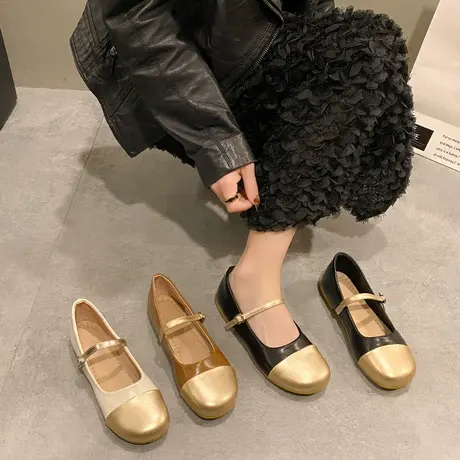 小香风拼色玛丽珍鞋女2024年春季新款网红复古文艺圆头浅口单鞋女图片