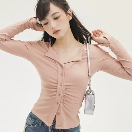 尔给早春短款显瘦收腰又甜又辣超显身材的上衣设计感内搭打底衫女商品大图