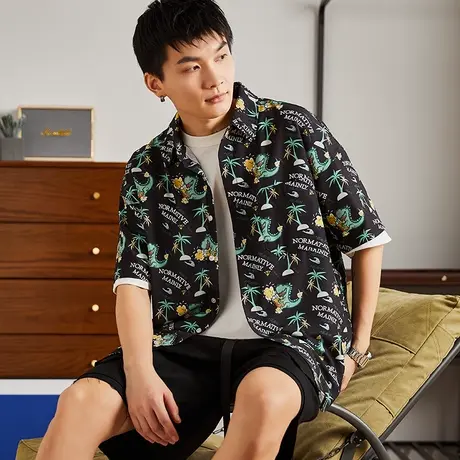 唐狮春短袖衬衫夏季男日系宽松休闲蓝色复古衬衣polo领外套男图片