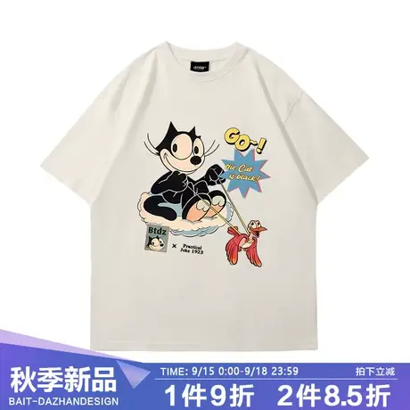 美式复古潮牌GO菲力猫T恤飞翔设计小众短袖洋气宽松休闲印花上衣商品大图