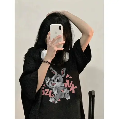 纯棉重磅设计感兔子短袖t恤女2023新款夏季ins潮牌宽松半袖上衣服商品大图