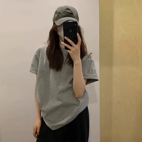 灰色正肩短袖t恤女夏季美式复古纯棉重磅宽松港味chic半袖上衣服商品大图