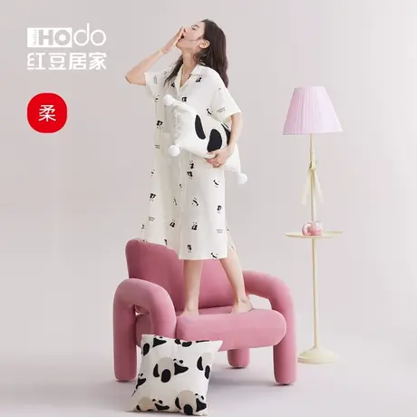 红豆居家【双层纱】A类睡裙女纯棉短袖睡衣熊猫纱布家居服夏季薄商品大图