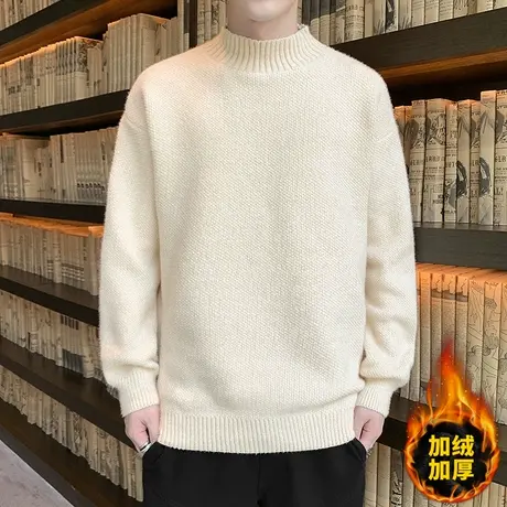 2021秋冬加绒加厚潮男一体绒毛衣男士高领纯色修身保暖翻领针织衫商品大图