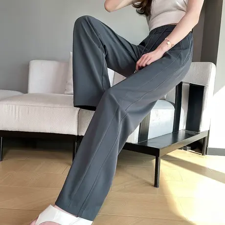 灰色窄版阔腿裤女春秋季新款高腰宽松垂感显瘦休闲拖地香蕉直筒裤图片