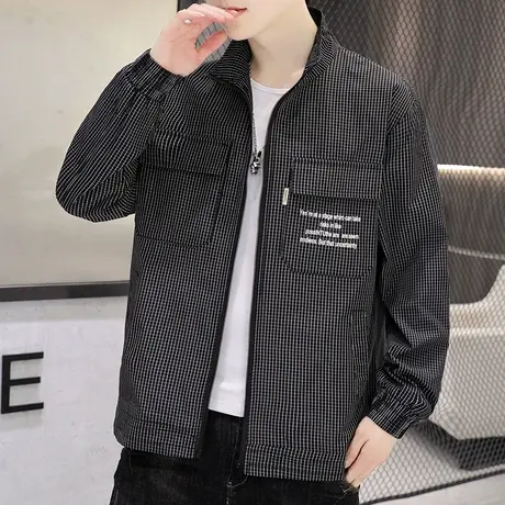 夹克男士2022春秋季新款棋盘格上衣百搭男装国潮衣服格子工装外套商品大图