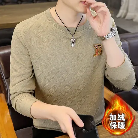 2024冬季提花男士加绒加厚长袖T恤衫加肥加大码宽松卫衣打底小衫商品大图