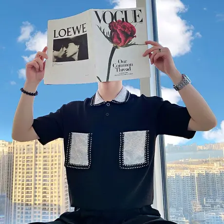 设计感撞色口袋拼接短袖POLO衫男夏季男装痞帅发型师半袖t恤上衣图片