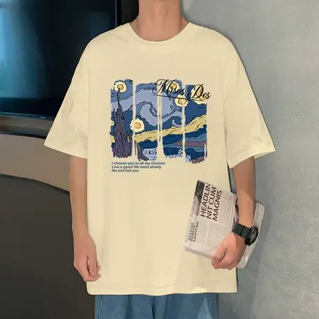 夏季2024新款宽松短袖T恤男港风ins潮牌卡通星夜圆领休闲男生体恤商品大图