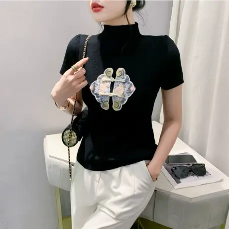 复古高级感盘扣T恤女短袖气质减龄刺绣上衣时尚半高圆领打底衫潮商品大图