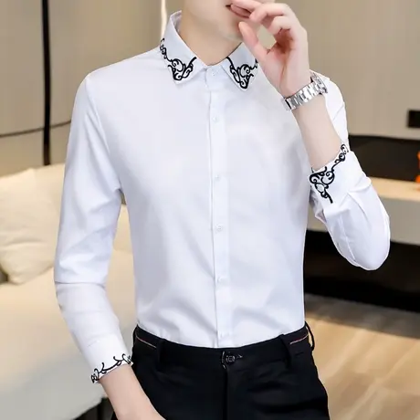 高级感衬衫男潮牌韩版刺绣痞帅长袖衬衣秋季白色时尚新款休闲男装商品大图