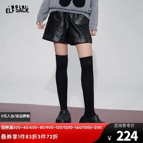 妖精的口袋高腰皮短裤女2023冬季新款小个子格纹印花显瘦休闲裤图片