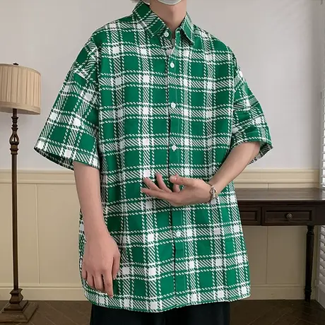 短袖衬衫男夏季港风宽松棋盘格休闲半袖衬衣男外套潮流时尚寸潮衫商品大图