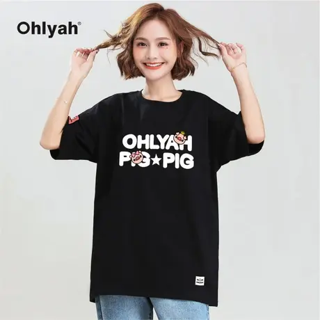 Ohlyah品牌2023新款春夏季潮牌英文pig宽松短袖t恤女纯棉圆领半袖图片