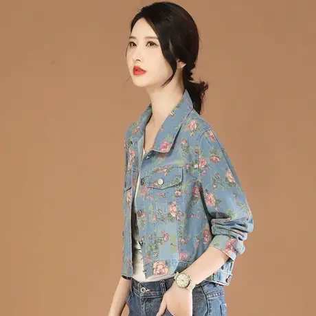 【新品8.8折】长袖印花休闲牛仔短外套女秋季新款显瘦夹克棒球服图片